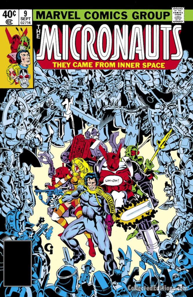 Micronauts #9 cover; pencils and inks, Michael Golden; They Came From Inner Space; Commander Rann, Uh-oh, Marionette