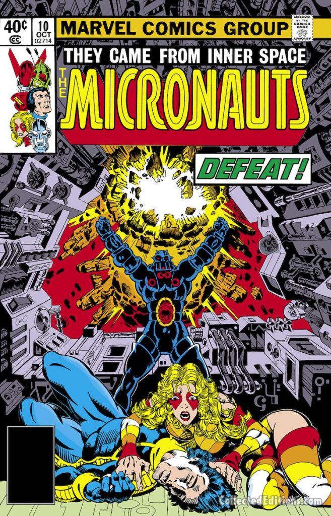 Micronauts #10 cover; pencils and inks, Michael Golden; Defeat, Commander Rann, Space Glider, Marionette, Baron Karza