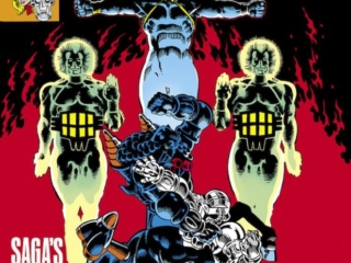 Micronauts #11 cover; pencils and inks, Michael Golden; Saga&rsquo;s End, Baron Karza, Space Glider, Commander Rann, Shadow Priests, Time Traveler