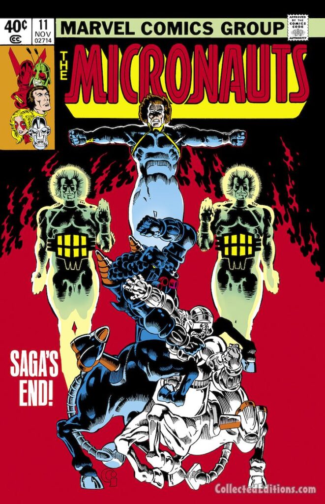 Micronauts #11 cover; pencils and inks, Michael Golden; Saga’s End, Baron Karza, Space Glider, Commander Rann, Shadow Priests, Time Traveler