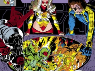 Micronauts #14 cover; pencils and inks, Michael Golden; Bug, Mictrotron, Biotron