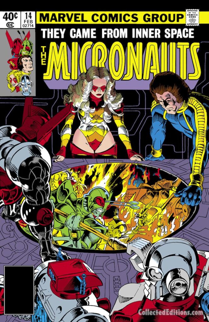 Micronauts #14 cover; pencils and inks, Michael Golden; Bug, Mictrotron, Biotron
