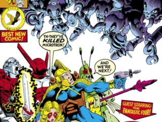 Micronauts #15 cover; pencils and inks, Michael Golden; Eagle Award Best New Comic, Guest-Starring the Fantastic Four, Commander Rann; They&rsquo;ve Killed Microtron and we&rsquo;re next; Bug