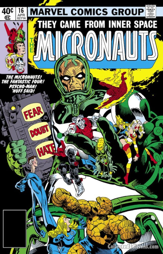 Micronauts #16 cover; pencils and inks, Michael Golden; Psycho-Man, Fear Doubt Hate; The Fantastic Four, Thing, Invisible Girl