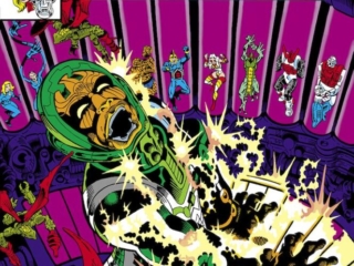 Micronauts #17 cover; pencils and inks, Michael Golden; Psycho-Man Death Fugue; Bug, Acroyear, Fantastic Four