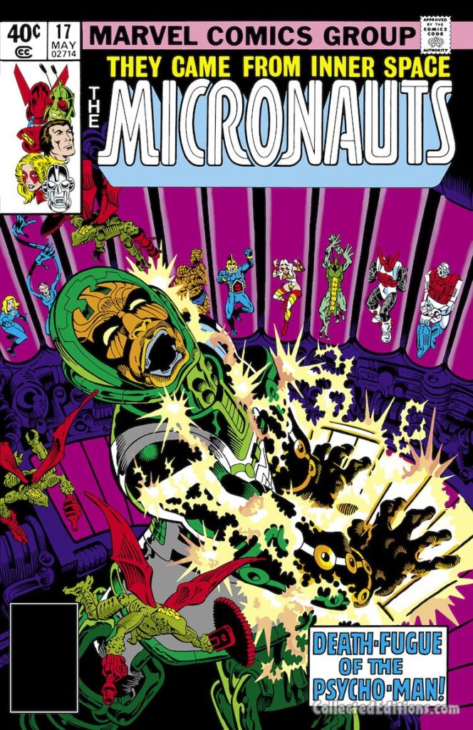 Micronauts #17 cover; pencils and inks, Michael Golden; Psycho-Man Death Fugue; Bug, Acroyear, Fantastic Four