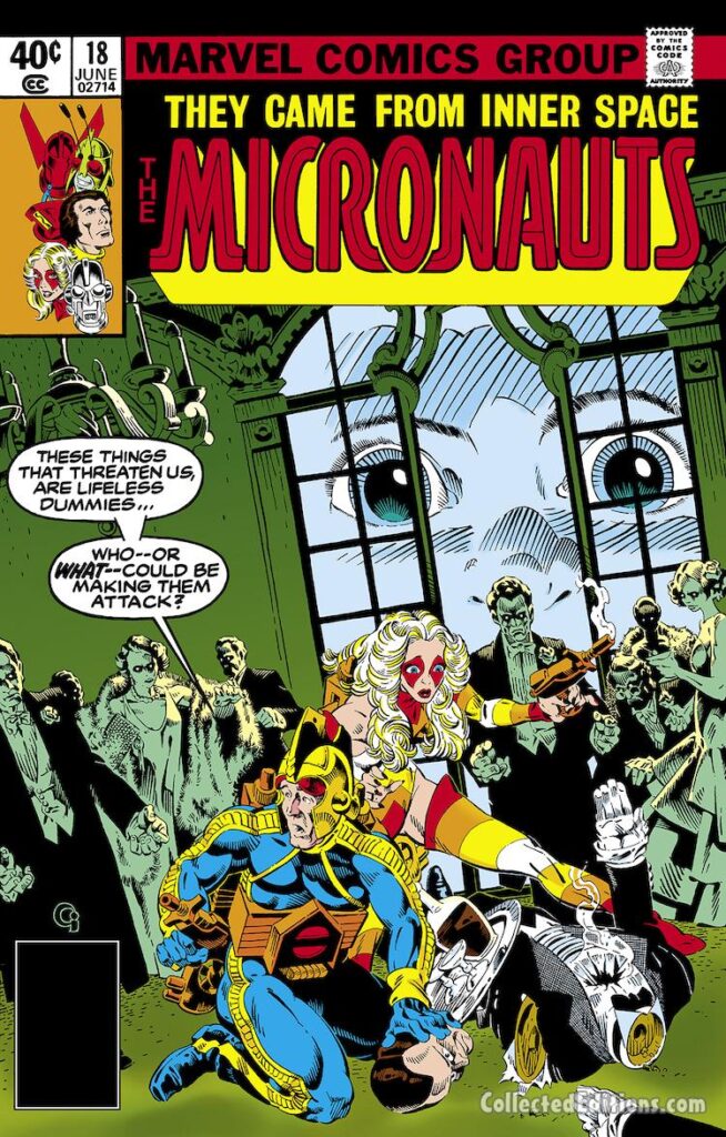 Micronauts #18 cover; pencils and inks, Michael Golden; These Things threaten us are lifeless dummies, who or what could be making them attack, Commander Rann, Marionette