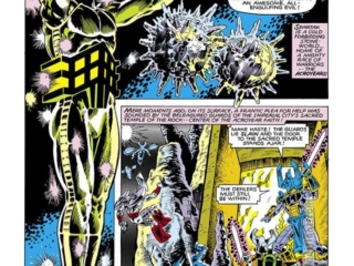 Micronauts #21, pg. 13; pencils, Pat Broderick; inks, Armando Gil; Tales of the Microverse, commander Rann, Time Traveler