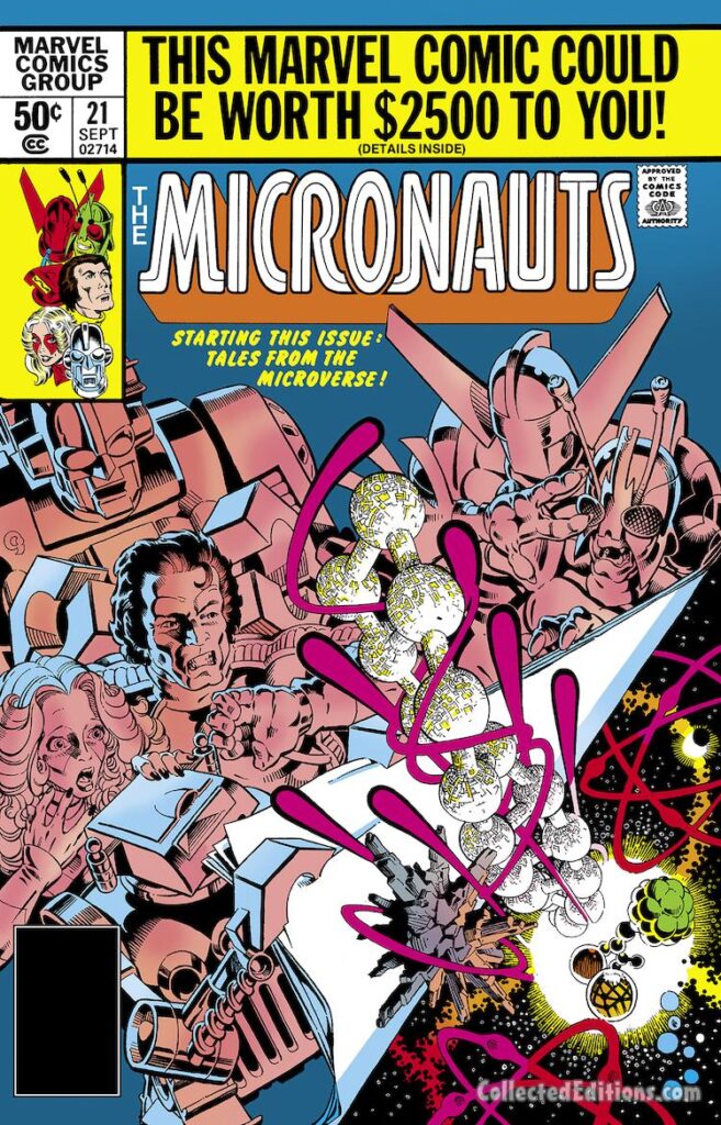Micronauts #21 cover; pencils and inks, Michael Golden; Starting This Issue: Tales from the Microverse
