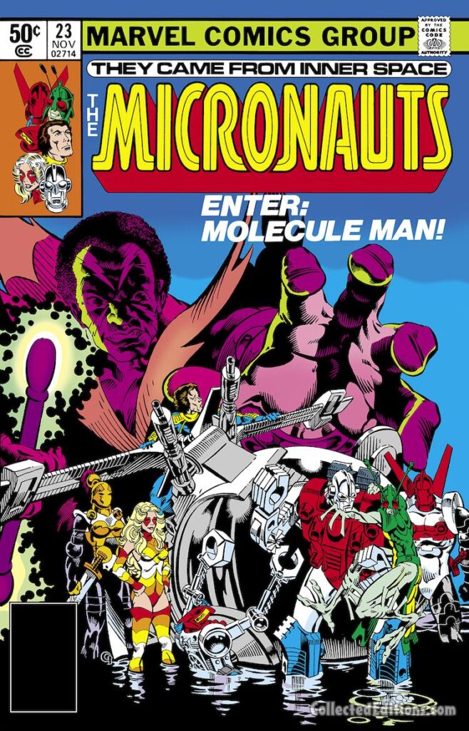 Micronauts #23 cover; pencils and inks, Michael Golden; Enter Molecule Man, Biotron