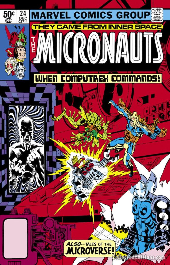 Micronauts #24 cover; pencils and inks, Michael Golden; When Computrex Commands, Tales of the Microverse