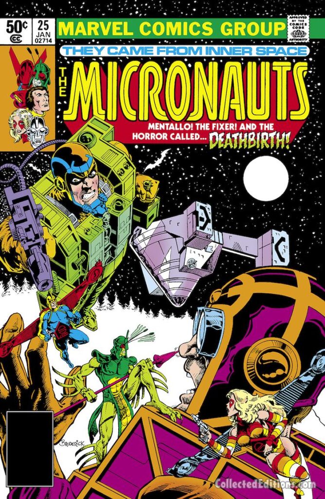 Micronauts #25 cover; pencils and inks, Pat Broderick; Mentallo, the Fixer, the horror called Deathbirth, Marionette, Bug