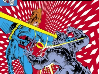 Micronauts #27 cover; pencils and inks, Pat Broderick; Space Glider, Commander Rann, Baron Karza