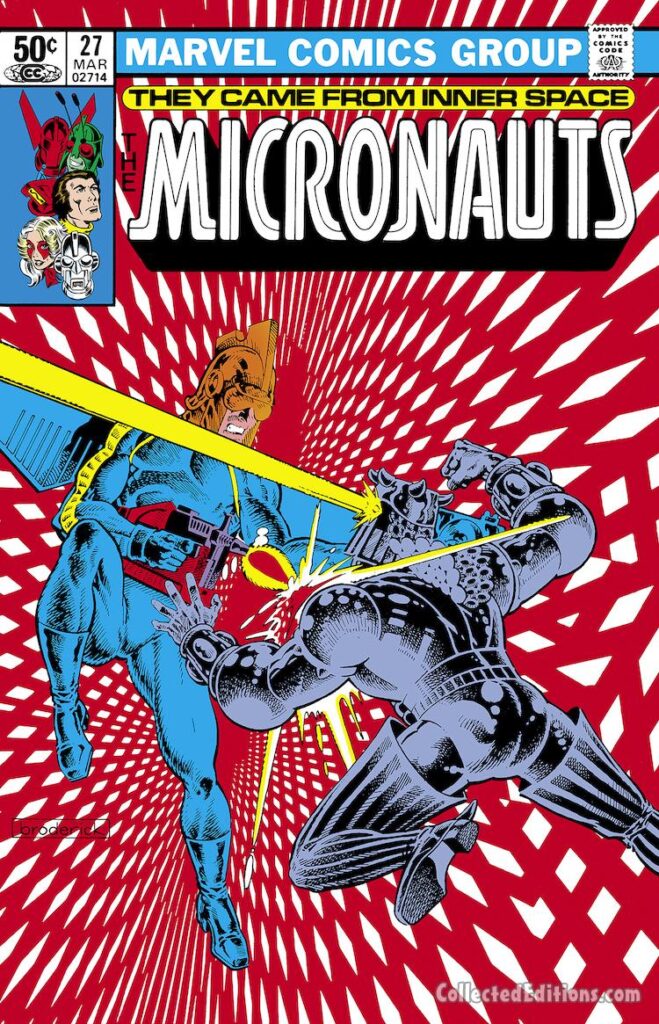 Micronauts #27 cover; pencils and inks, Pat Broderick; Space Glider, Commander Rann, Baron Karza
