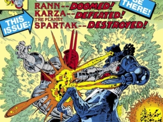 Micronauts #28 cover; pencils, Pat Broderick; inks, Marie Severin; Commander Rann Doomed, Baron Karza Defeated, Planet Spartak Destroyed, Acroyear