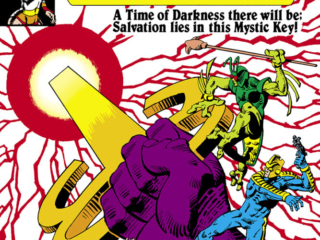 Micronauts #31 cover; pencils and inks, Frank Miller; a time of darkness there will be, salvation lies in this mystic key, Commander Rann, Princess Mari, Bug