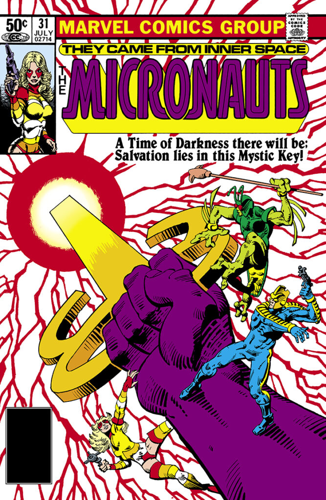Micronauts #31 cover; pencils and inks, Frank Miller; a time of darkness there will be, salvation lies in this mystic key, Commander Rann, Princess Mari, Bug