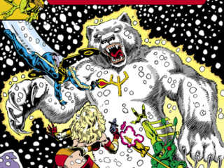 Micronauts #32 cover; pencils and inks, Pat Broderick; Snare of the Snowbear, Space Glider, Bug, Marionette