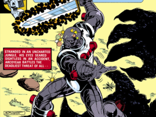 Micronauts #33 cover; pencils and inks, Bob Layton; Stranded in an uncharted jungle, his eyes seared sightless in an accident, Acroyear battles the deadliest threat of all, Devil of Tropica; Arcoyear typo
