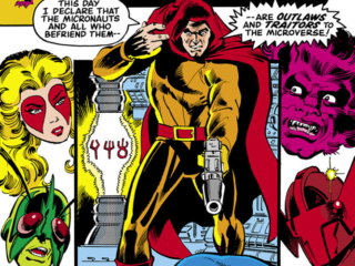 Micronauts #34 cover; pencils, Bob Layton inks, Klaus Janson; This day I declare all who befriend them are outlaws and traitors to the Microverse, Devil, Marionette, Space Glider