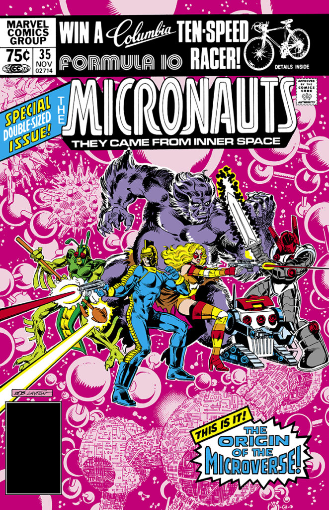 Micronauts #35 cover; pencils and inks, Bob Layton; This is It, the origin of the Microverse, Special Double-Sized Issue, Win a Columbia Ten-Speed Racer Formula 10