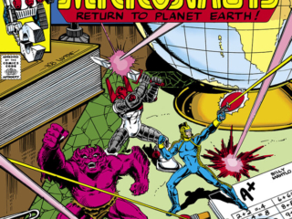 Micronauts #36 cover; pencils and inks, Bob Layton; Return to Planet Earth, Devil, Death Duel in a Grade School