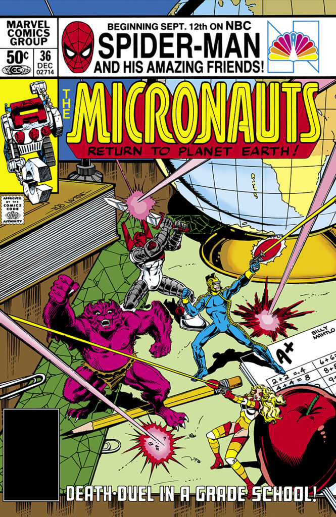 Micronauts #36 cover; pencils and inks, Bob Layton; Return to Planet Earth, Devil, Death Duel in a Grade School