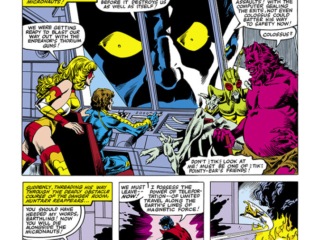 Micronauts #37, pg. 20; layouts, Greg LaRocque; inks, Danny Bulanadi; Nightcrawler, X-Men, Devil, Princess Mari, Danger Room
