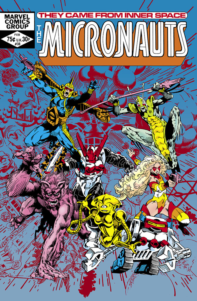 Micronauts #38 cover; pencils and inks, Michael Golden; Devil, Acroyear, Commander Rann, Bug, Princess Mari, Mictrotron, Nanotech