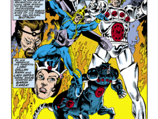Micronauts #40, pg. 29; pencils, Gil Kane; inks, Danny Bulanadi; mighty Micronauts bonus poster, Commander Arcturus Rann, Space Glider, Lord Dallas Rann, Lady Sepsis, Baron Karza, Force Commander