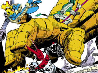 Micronauts #40 cover; pencils and inks, Gil Kane, Acroyear, Bug, Space Glider, Princess Marionette; The Thing, Ben Grimm, Fantastic Four