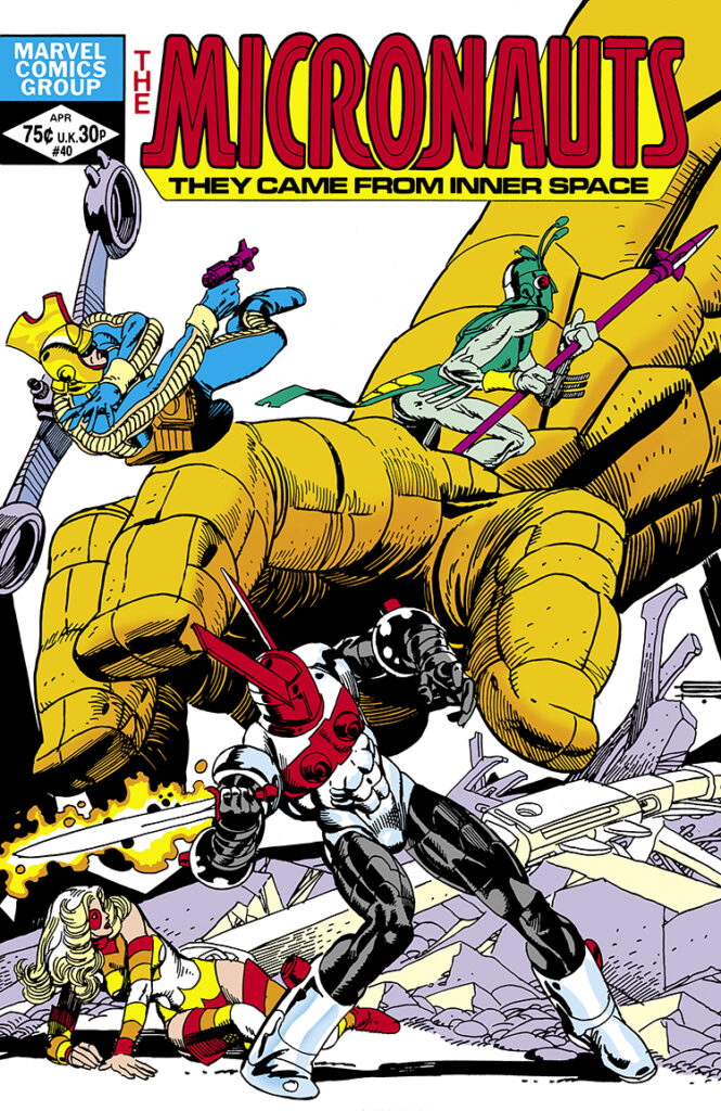 Micronauts #40 cover; pencils and inks, Gil Kane, Acroyear, Bug, Space Glider, Princess Marionette; The Thing, Ben Grimm, Fantastic Four