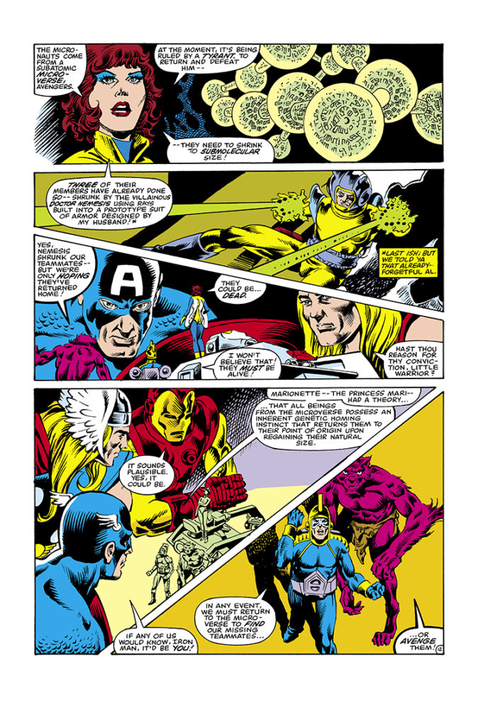 Micronauts #43, pg. 12; layouts, Gil Kane; pencils and inks, Danny Bulanadi; microverse, devil, avengers, Iron Man, Thor, Captain America