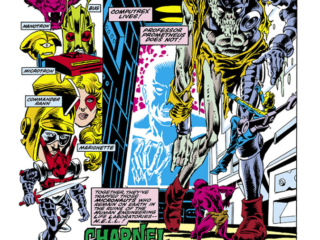 Micronauts #44, pg. 1; layouts, Gil Kane; pencils and inks, Danny Bulanadi; Bill Mantlo, Computrex, Charnel House, Stan Lee Presents, splash page, Professor Prometheus