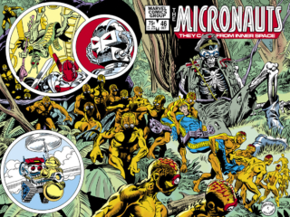 Micronauts #46 cover; pencils, Ed Hannigan; inks, Al Milgrom; wraparound, Commander Rann, skeleton, Mictrotron, Nanotech