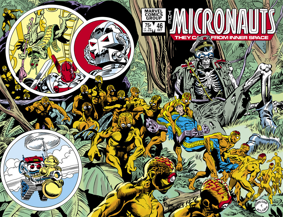Micronauts #46 cover; pencils, Ed Hannigan; inks, Al Milgrom; wraparound, Commander Rann, skeleton, Mictrotron, Nanotech