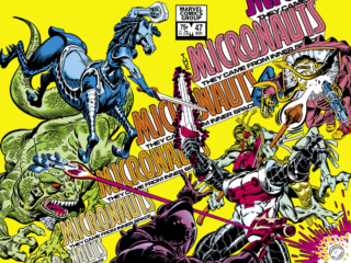 Micronauts #47 cover; pencils, Ed Hannigan; inks, Al Milgrom; wraparound, Acroyear, Baron Karza