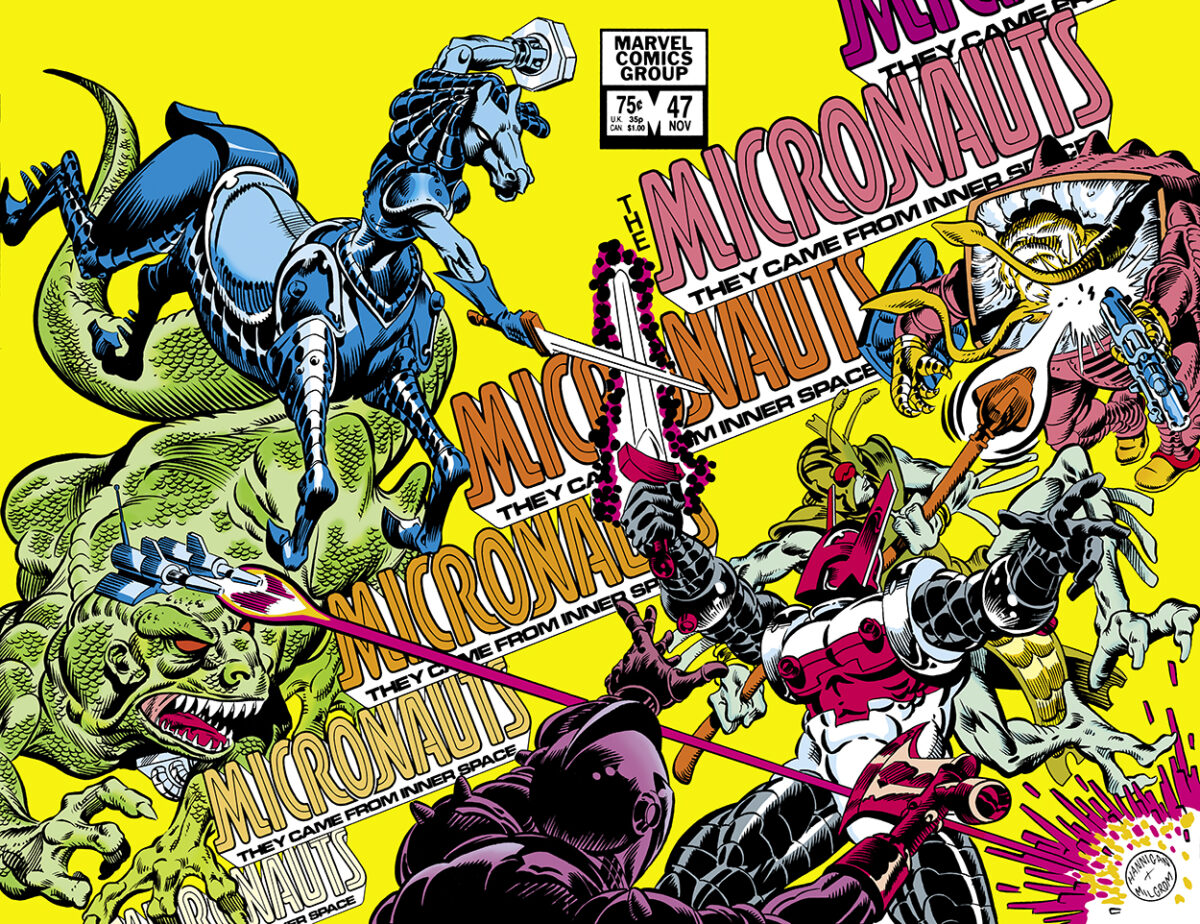 Micronauts #47 cover; pencils, Ed Hannigan; inks, Al Milgrom; wraparound, Acroyear, Baron Karza