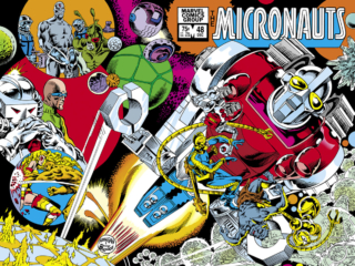 Micronauts #48 cover; pencils, Ed Hannigan; inks, Danny Bulanadi; wraparound, Biotron, Acroyear