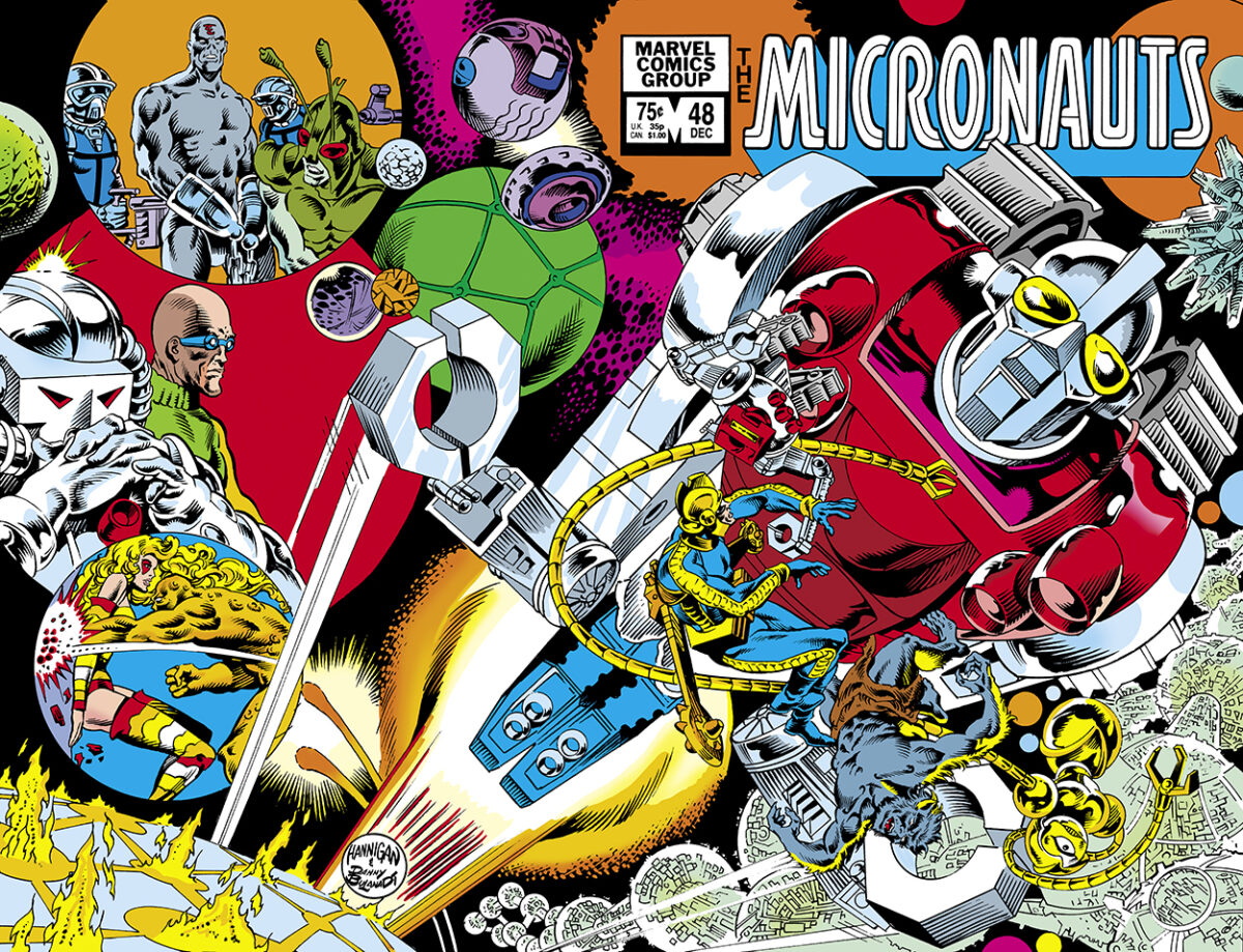 Micronauts #48 cover; pencils, Ed Hannigan; inks, Danny Bulanadi; wraparound, Biotron, Acroyear