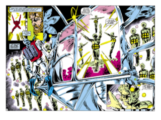 Micronauts #49, pgs. 16-17; pencils, Jackson &ldquo;Butch&rdquo; Guice; inks, Danny Bulanadi; Temple of Time, double-page spread, Time Travelers, Biotron, Endeavor