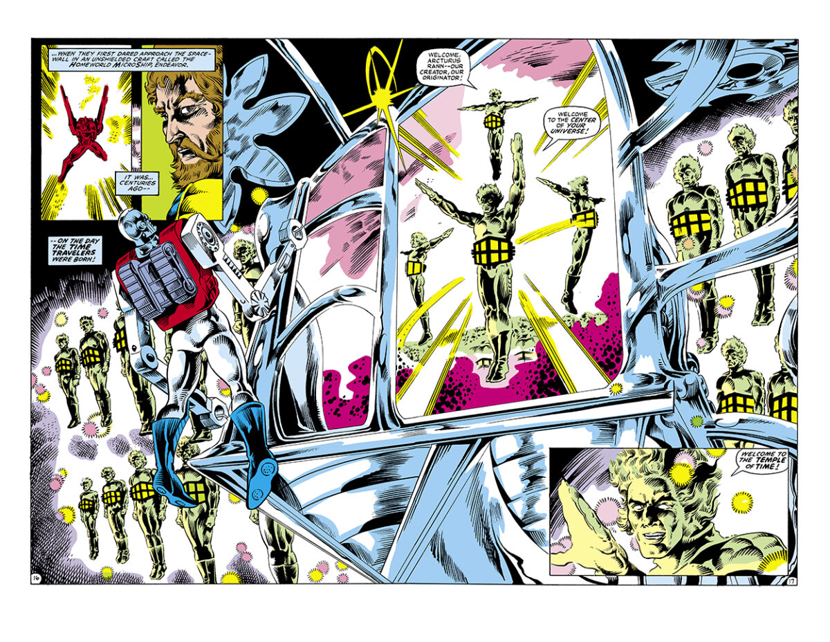 Micronauts #49, pgs. 16-17; pencils, Jackson “Butch” Guice; inks, Danny Bulanadi; Temple of Time, double-page spread, Time Travelers, Biotron, Endeavor