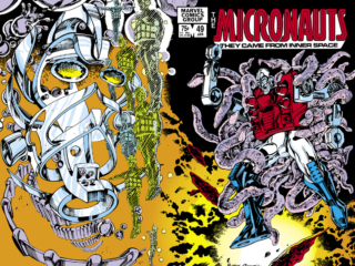 Micronauts #49 cover; pencils and inks, Jackson &ldquo;Butch&rdquo; Guice; wraparound, Biotron, Time Travelers