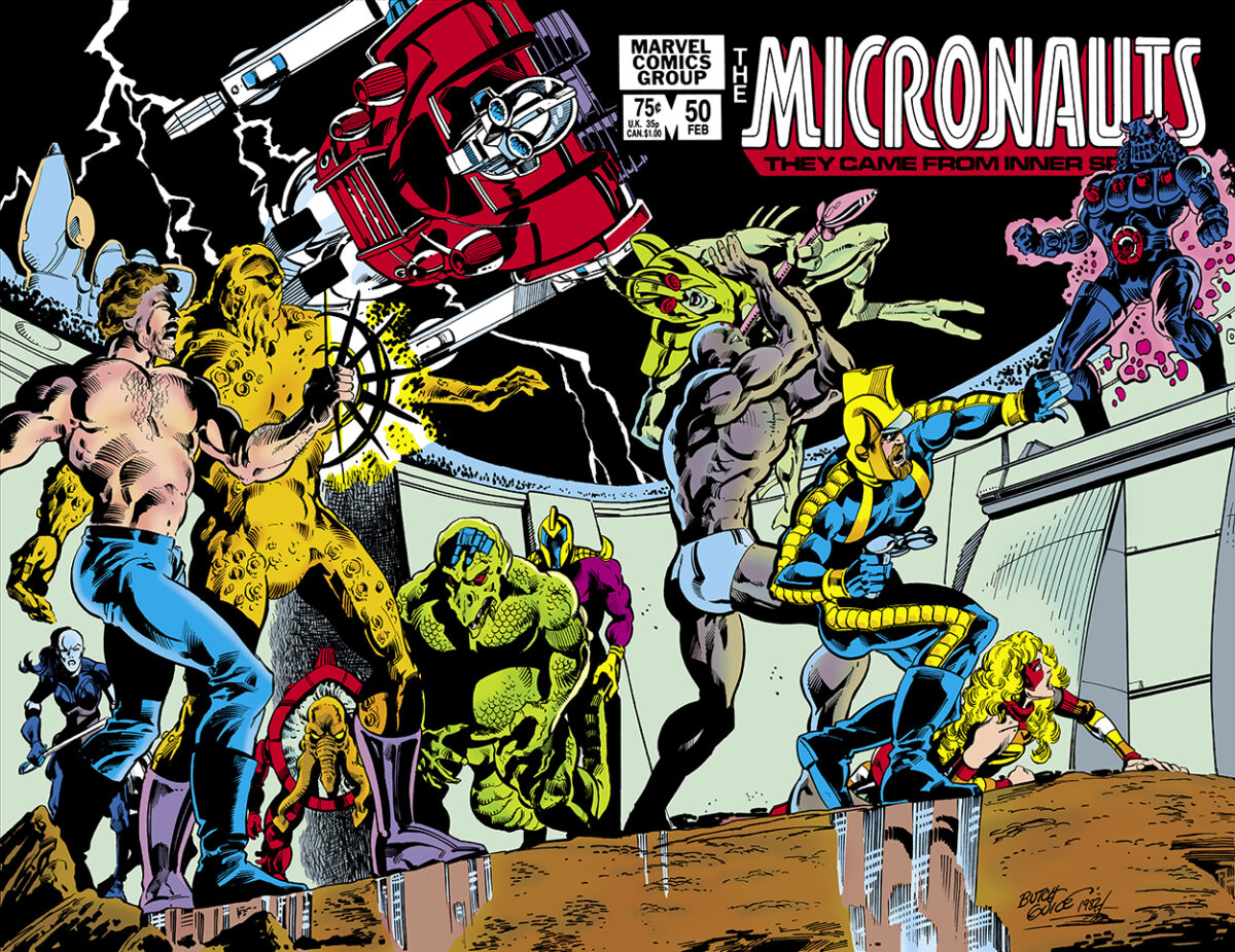 Micronauts #50 cover; pencils and inks, Jackson “Butch” Guice; wraparound, Baron Karza, Commander Rann, Acroyear, Biotron, Marionette