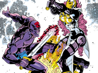 Micronauts #51 cover; pencils and inks, Jackson &ldquo;Butch&rdquo; Guice; Acroyear, Lady Cilicia