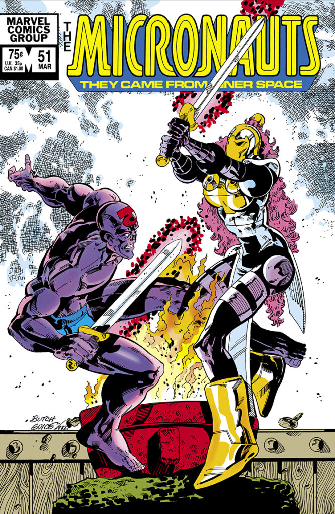Micronauts #51 cover; pencils and inks, Jackson “Butch” Guice; Acroyear, Lady Cilicia