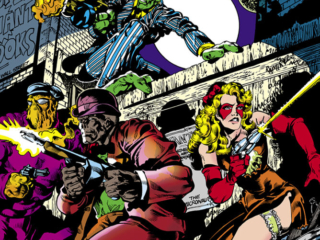 Micronauts #53 cover; pencils and inks, Jackson &ldquo;Butch&rdquo; Guice; Acroyear, Marionette, Bug, Huntarr, mobsters