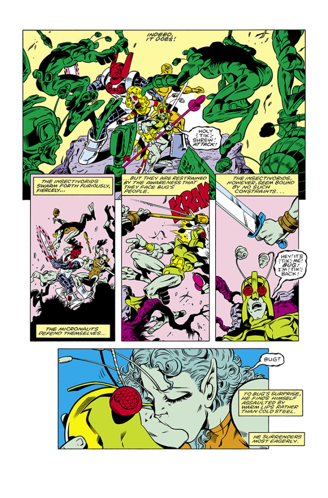 Micronauts #56, pg. 14; pencils, Jackson “Butch” Guice; inks, Sam Grainger, Kelley Jones; Bug kiss