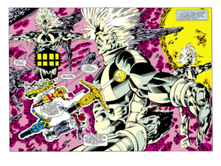 Micronauts #58, pgs. 2-3; pencils, Jackson &ldquo;Butch&rdquo; Guice; inks, Sam Grainger, Kelley Jones; Time Travelers, Huntarr, Acroyear, double-page spread