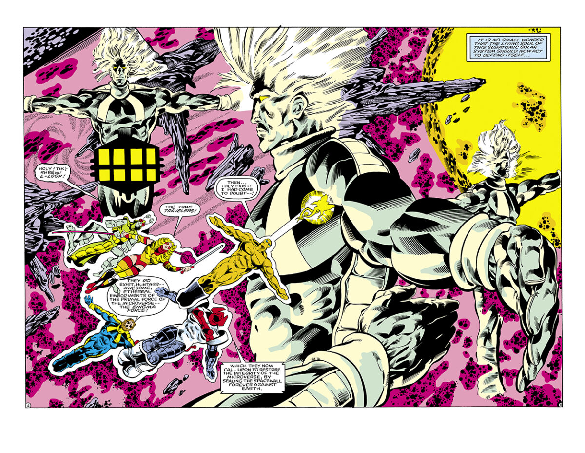 Micronauts #58, pgs. 2-3; pencils, Jackson “Butch” Guice; inks, Sam Grainger, Kelley Jones; Time Travelers, Huntarr, Acroyear, double-page spread